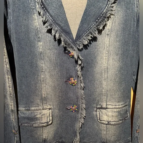 Diane Gilman DG2 Blue Denim Jacket w/ Jeweled Buttons Frayed Sleeves & Hem Med - Picture 2 of 6